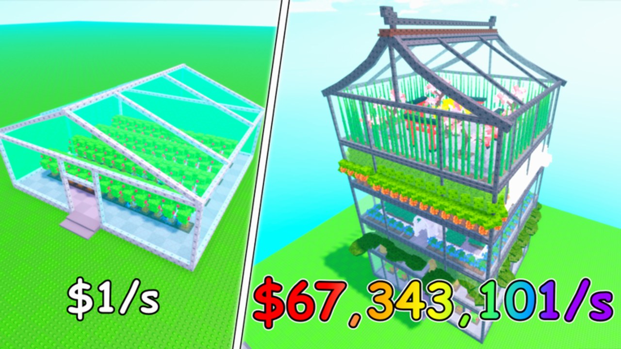 Official Build a Garden Tower screenshot comparing a starter greenhouse to a tall multi-floor garden tower