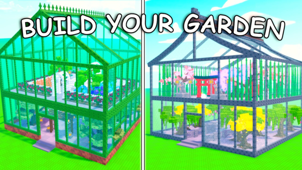 Official screenshot of two themed greenhouse interiors packed with plants, cherry blossoms, and a torii gate