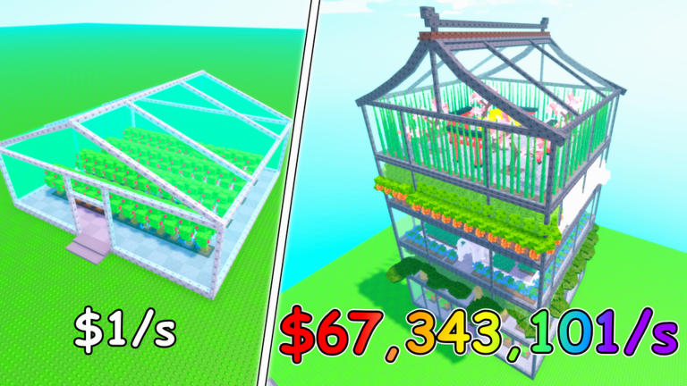 Official Build a Garden Tower screenshot of a starter greenhouse next to a tall pagoda tower